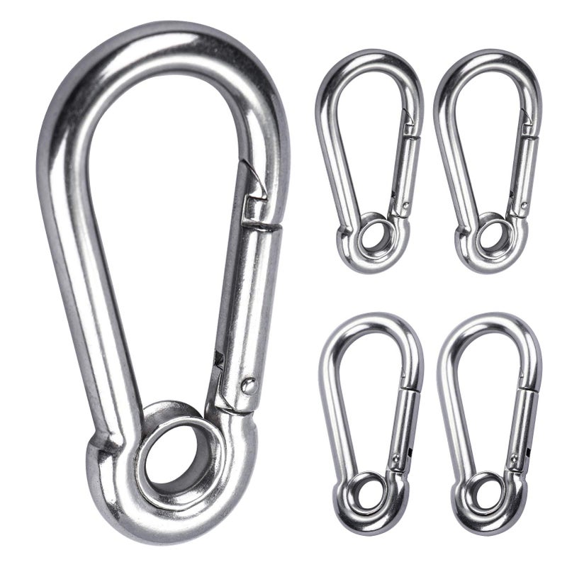 XIND ELE. 5pcs 1/4'' Stainless Steel Carabiner Clip Spring Snap Hook Link with Eyelet, 250lb Load, 2-3/8 Inch Length - Image 1